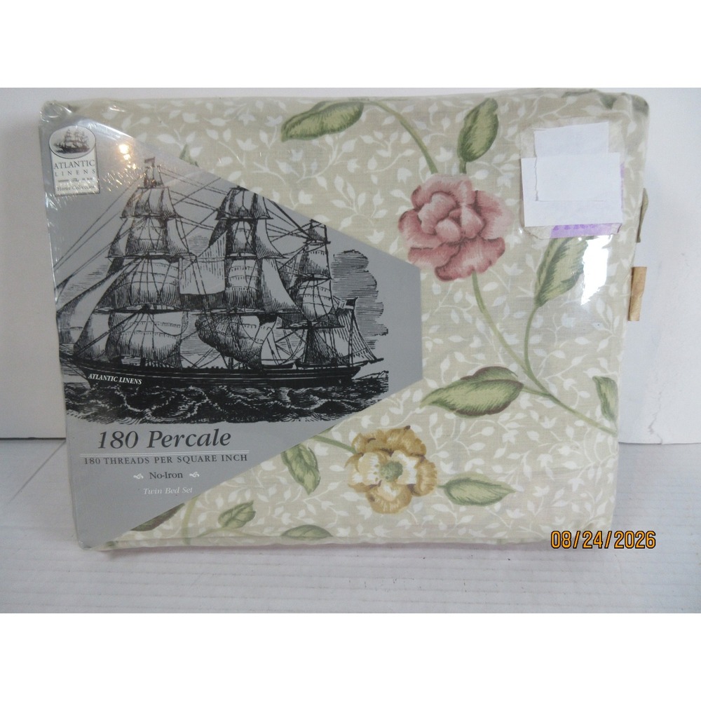 Atlantic Linens Twin Bed Set 180 Percale Floral Pink Green 3pc Made in USA NEW